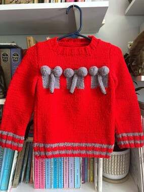 Red Chunky Knit Sweater with Gray Elephant Accents Child Size